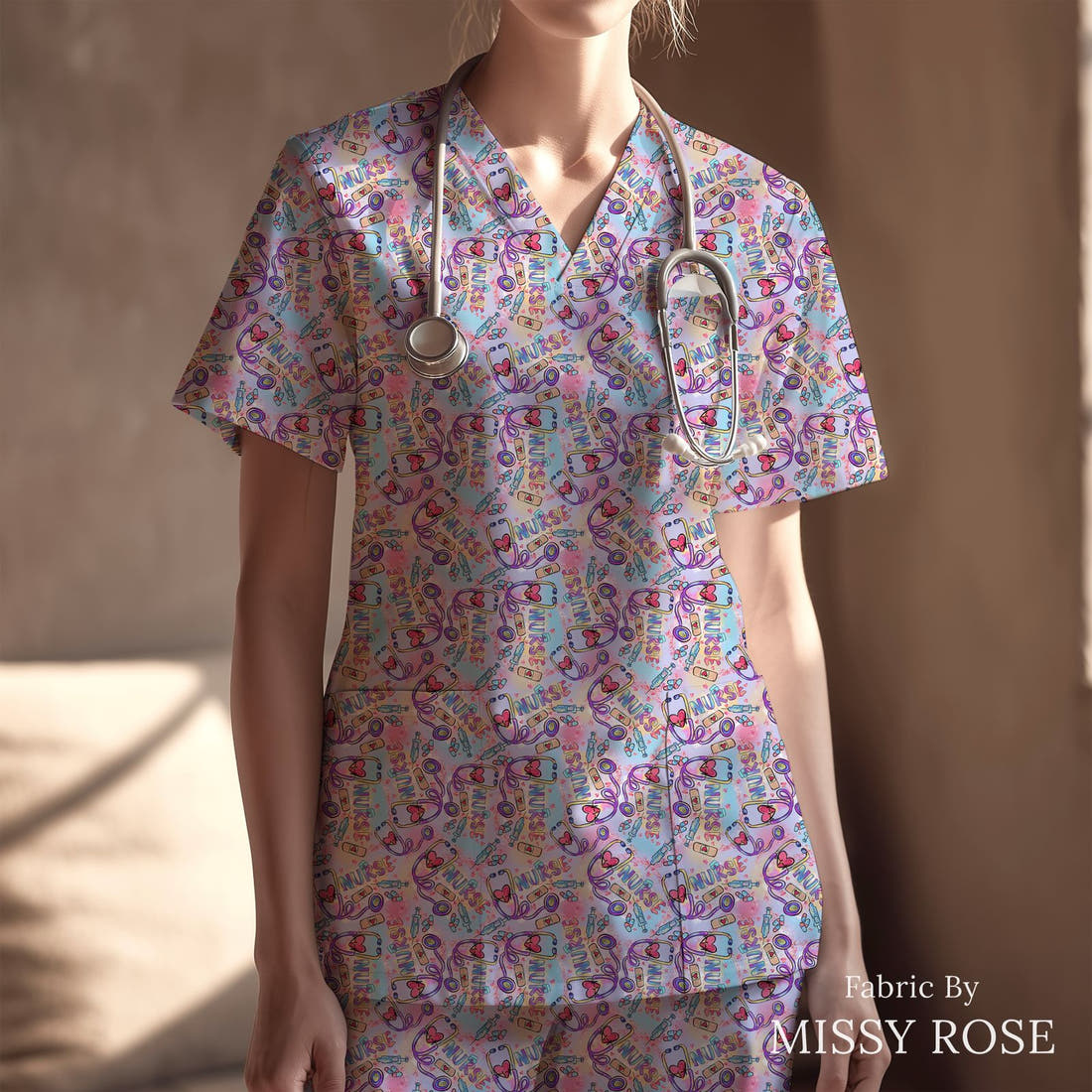 Design 1088 Nurse Fabric sewn into a scrubs top – see how the print looks made up | Fabric by Missy Rose