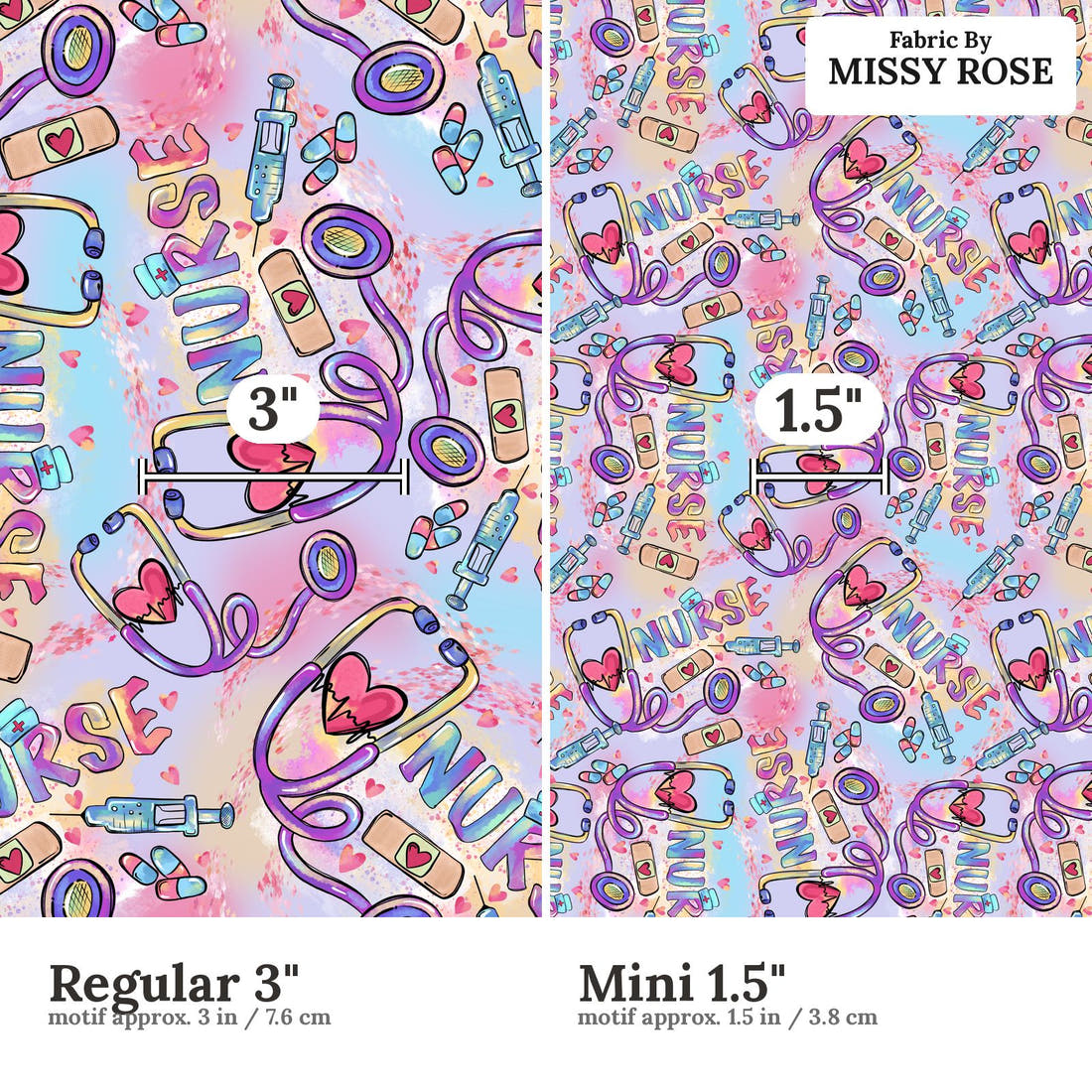 Design 1088 Nurse Fabric Regular 3 inch vs Mini 1.5 inch print scale side by side | Fabric by Missy Rose