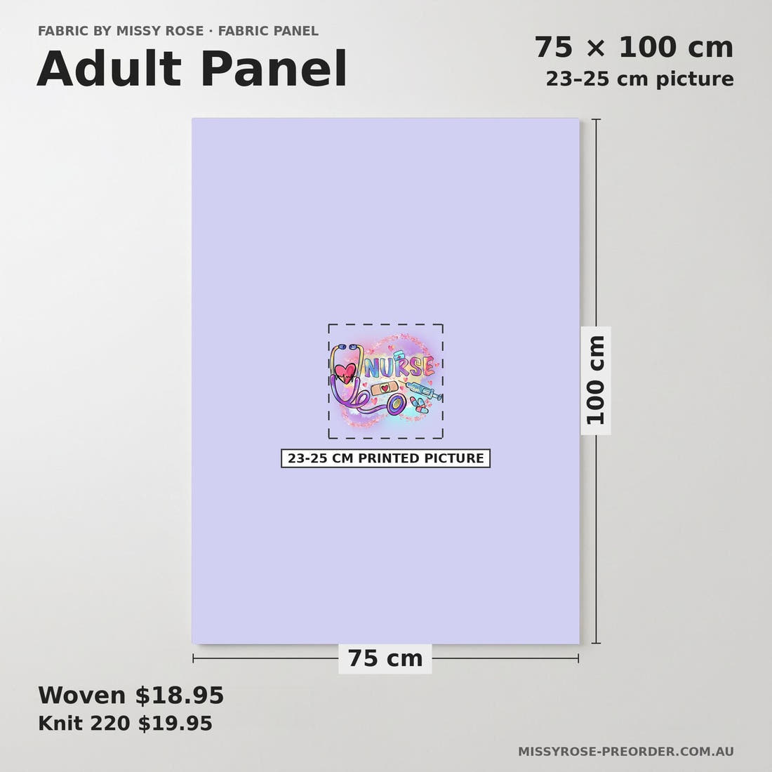 Design 1088 Nurse Panel adult panel sizing – 23–25 cm printed picture on 75 × 100 cm fabric | Fabric by Missy Rose