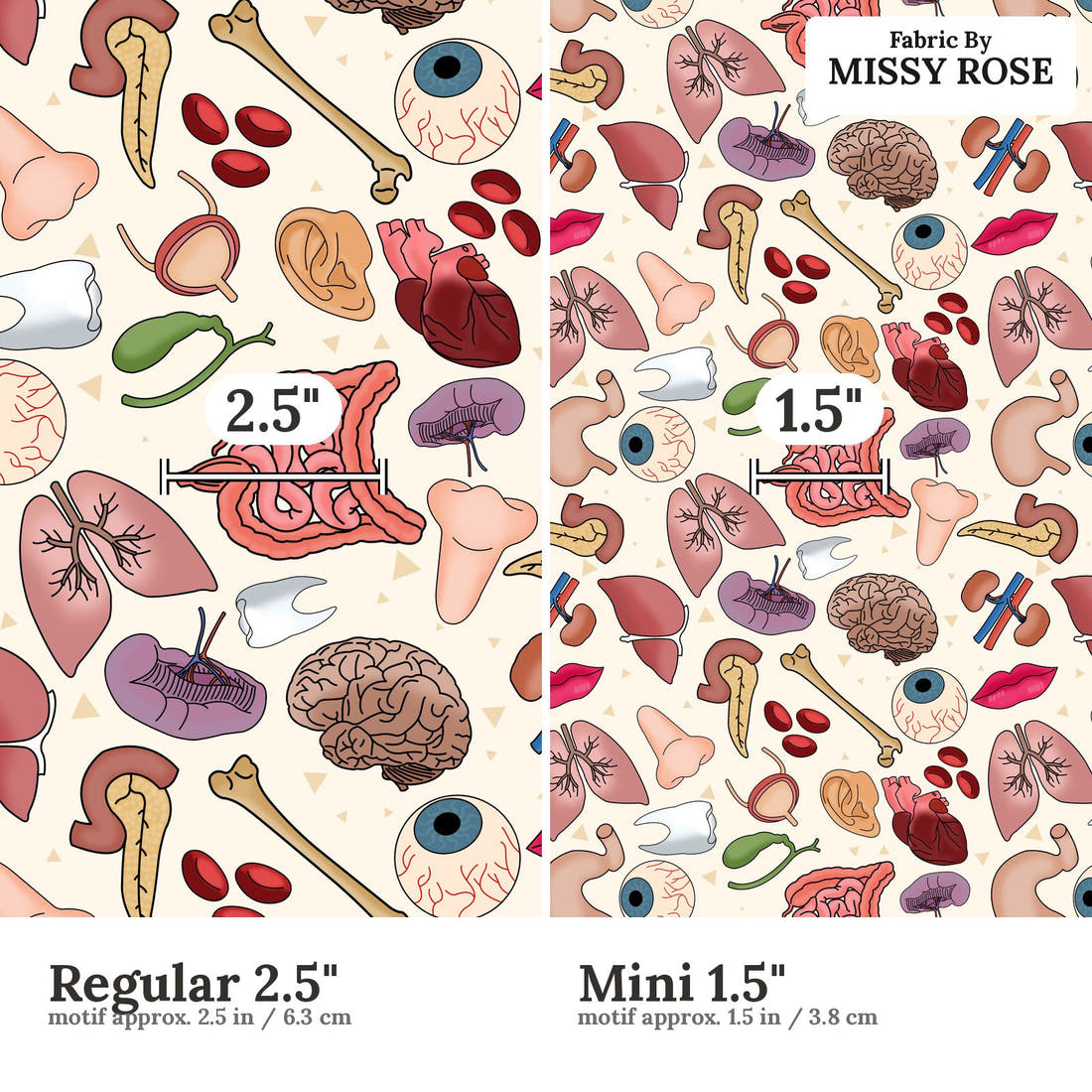Design 1089 Organ Fabric Regular 2.5 inch vs Mini 1.5 inch print scale side by side | Fabric by Missy Rose