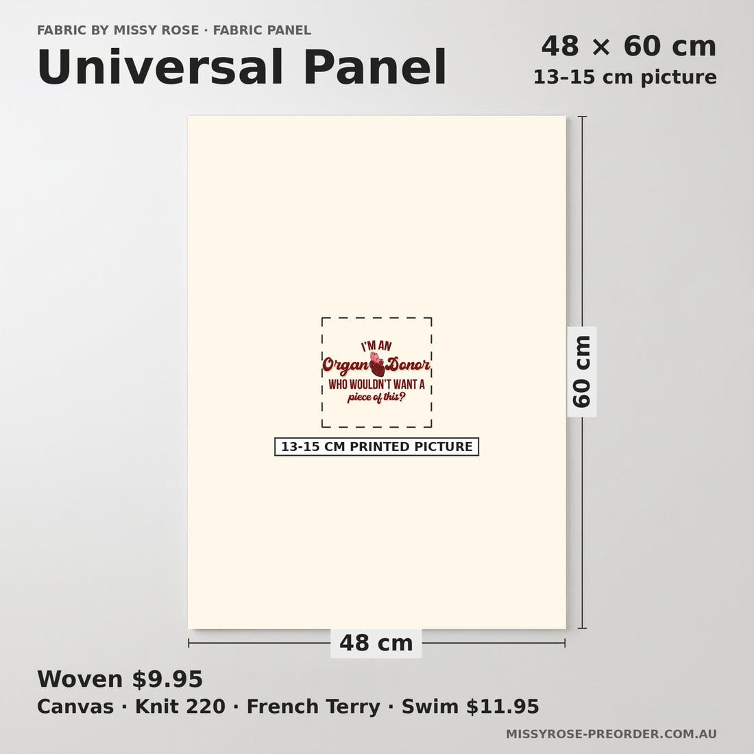 Design 1089 Organ Panel universal panel sizing – 13–15 cm printed picture on 48 × 60 cm fabric | Fabric by Missy Rose