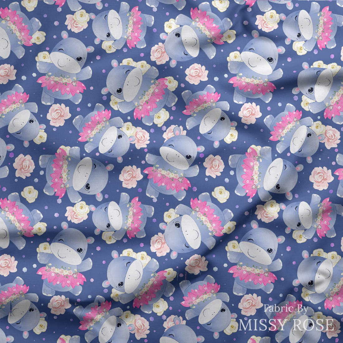 Design 109 Blue Hippopotamus Fabric draped fabric mockup – custom printed fabric by the metre | Fabric by Missy Rose
