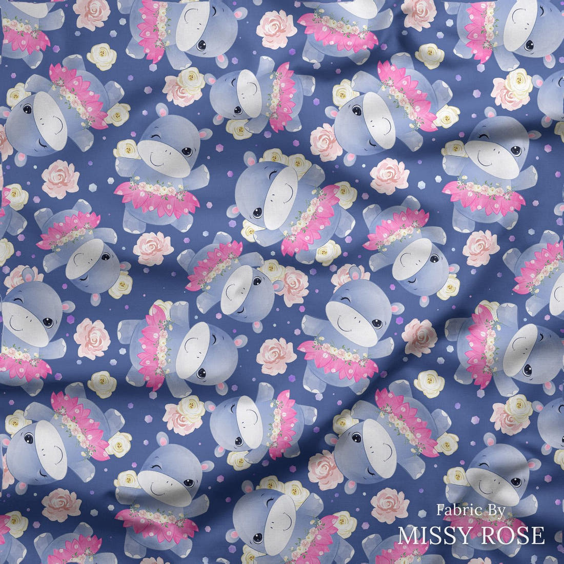 Design 109 Blue Hippopotamus Fabric draped fabric mockup – custom printed fabric by the metre | Fabric by Missy Rose