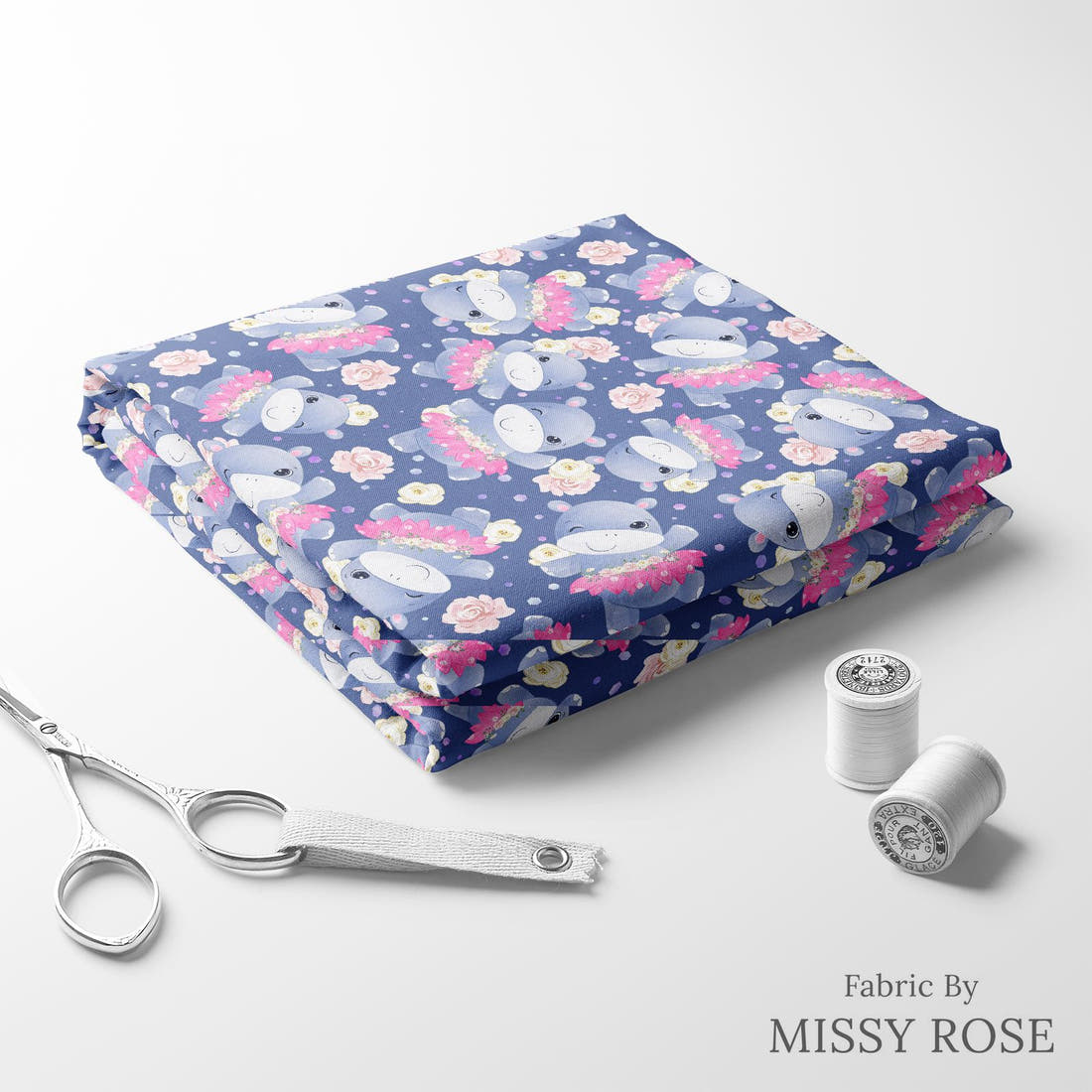 Design 109 Blue Hippopotamus Fabric folded fabric stack with matching thread – pre-order fabric Australia | Fabric by Missy Rose
