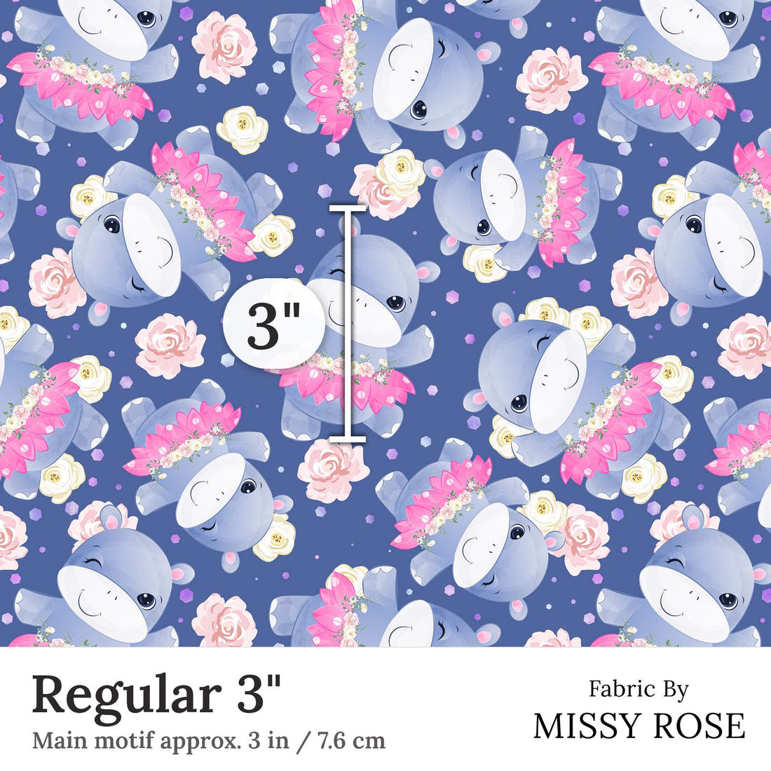 Design 109 Blue Hippopotamus Fabric Regular 3 inch print scale guide | Fabric by Missy Rose