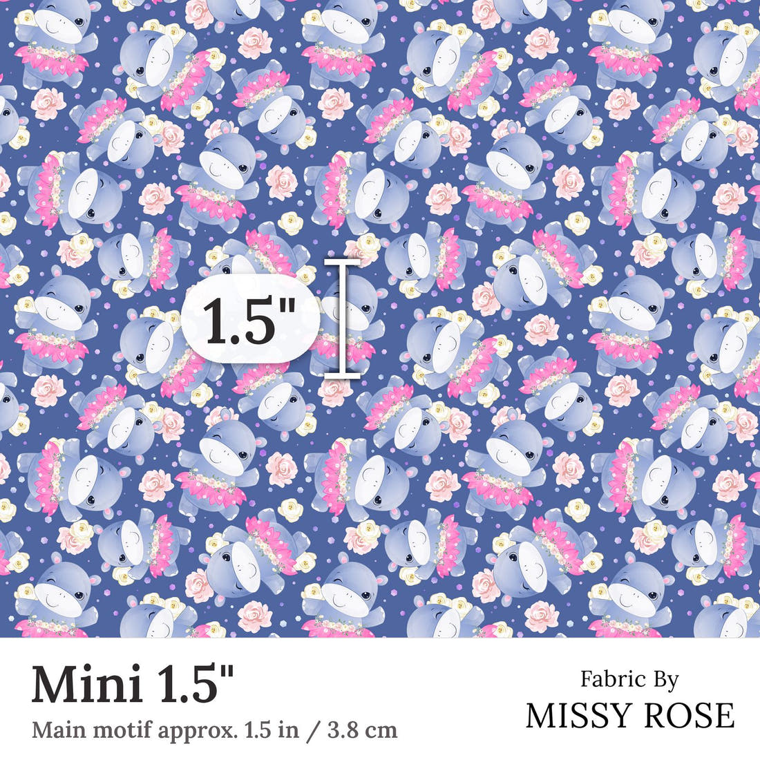 Design 109 Blue Hippopotamus Fabric Mini 1.5 inch print scale guide | Fabric by Missy Rose