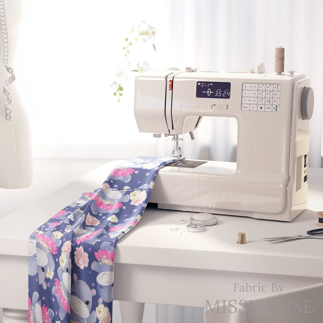 Design 109 Blue Hippopotamus Fabric on a sewing machine – premium fabric for sewing projects | Fabric by Missy Rose