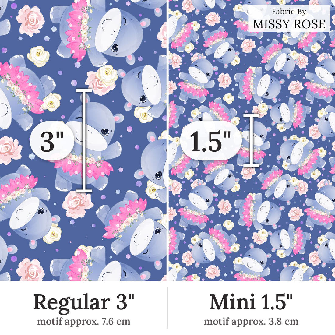 Design 109 Blue Hippopotamus Fabric Regular 3 inch vs Mini 1.5 inch print scale side by side | Fabric by Missy Rose