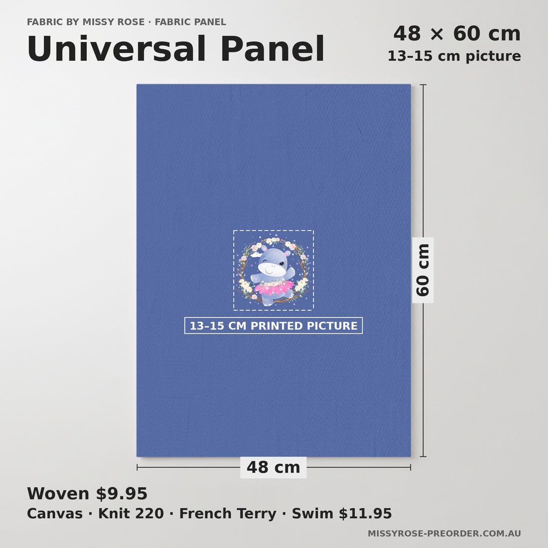 Design 109 Blue Hippotamus Panel universal panel sizing – 13–15 cm printed picture on 48 × 60 cm fabric | Fabric by Missy Rose