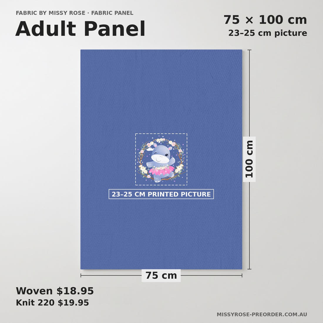 Design 109 Blue Hippotamus Panel adult panel sizing – 23–25 cm printed picture on 75 × 100 cm fabric | Fabric by Missy Rose