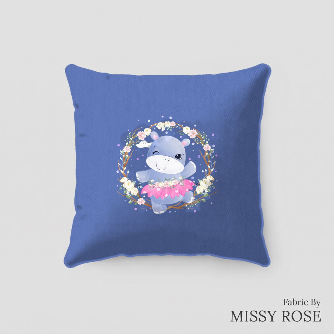 Design 109 Blue Hippotamus Panel sewn into a cushion – see how the panel looks made up | Fabric by Missy Rose