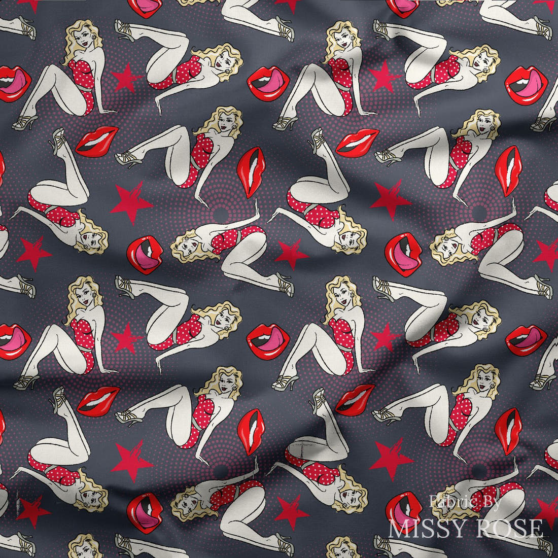 Design 1090 Pinup Fabric draped fabric mockup – custom printed fabric by the metre | Fabric by Missy Rose