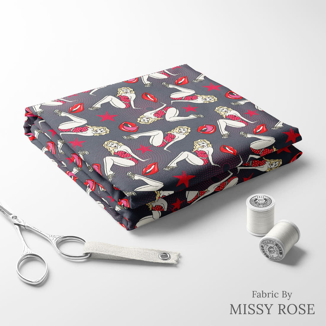 Design 1090 Pinup Fabric folded fabric stack with matching thread – pre-order fabric Australia | Fabric by Missy Rose