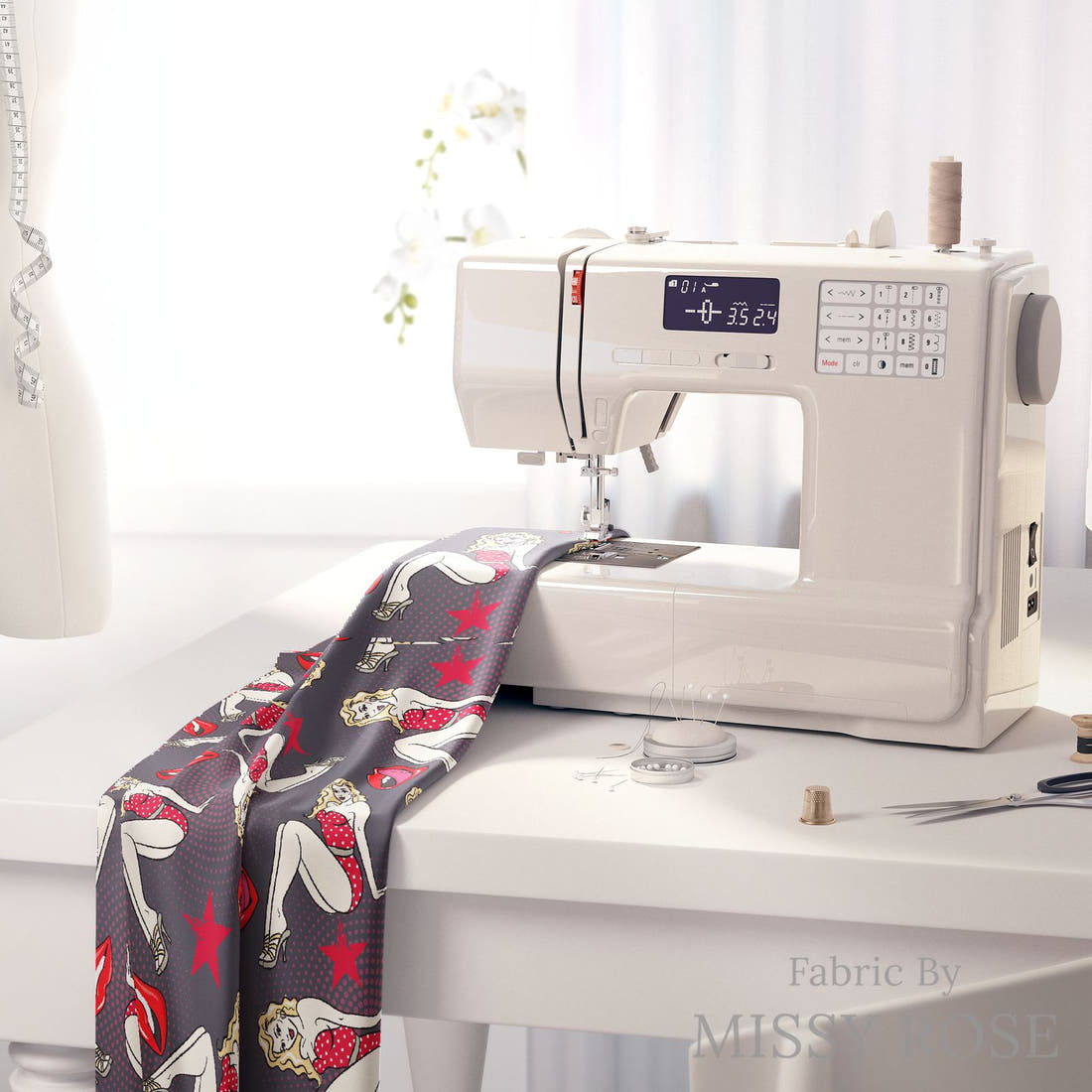 Design 1090 Pinup Fabric on a sewing machine – premium fabric for sewing projects | Fabric by Missy Rose