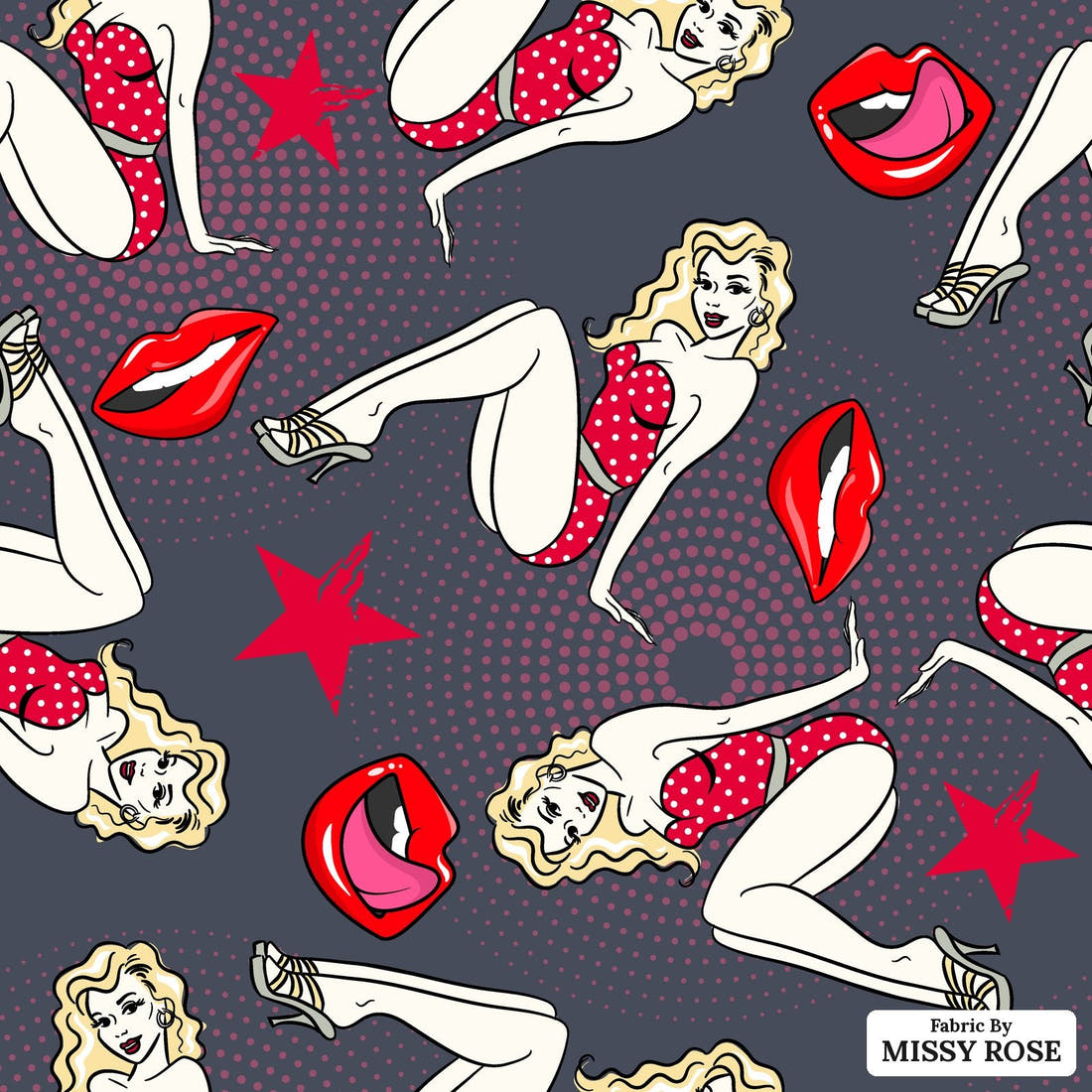 Design 1090 Pinup Fabric – flat view of the print, zoom in for detail | Fabric by Missy Rose