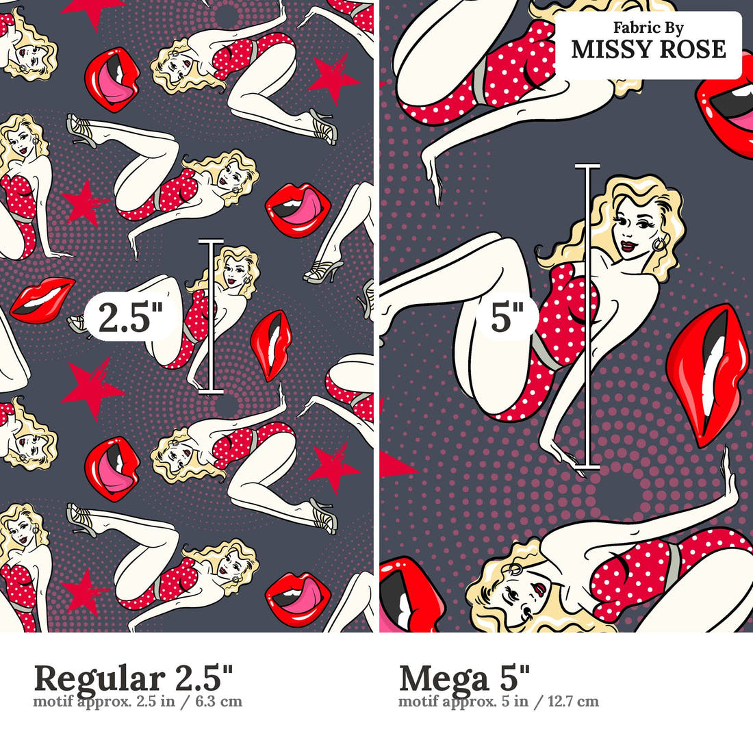 Design 1090 Pinup Fabric Regular 2.5 inch vs Mega 5 inch print scale side by side | Fabric by Missy Rose