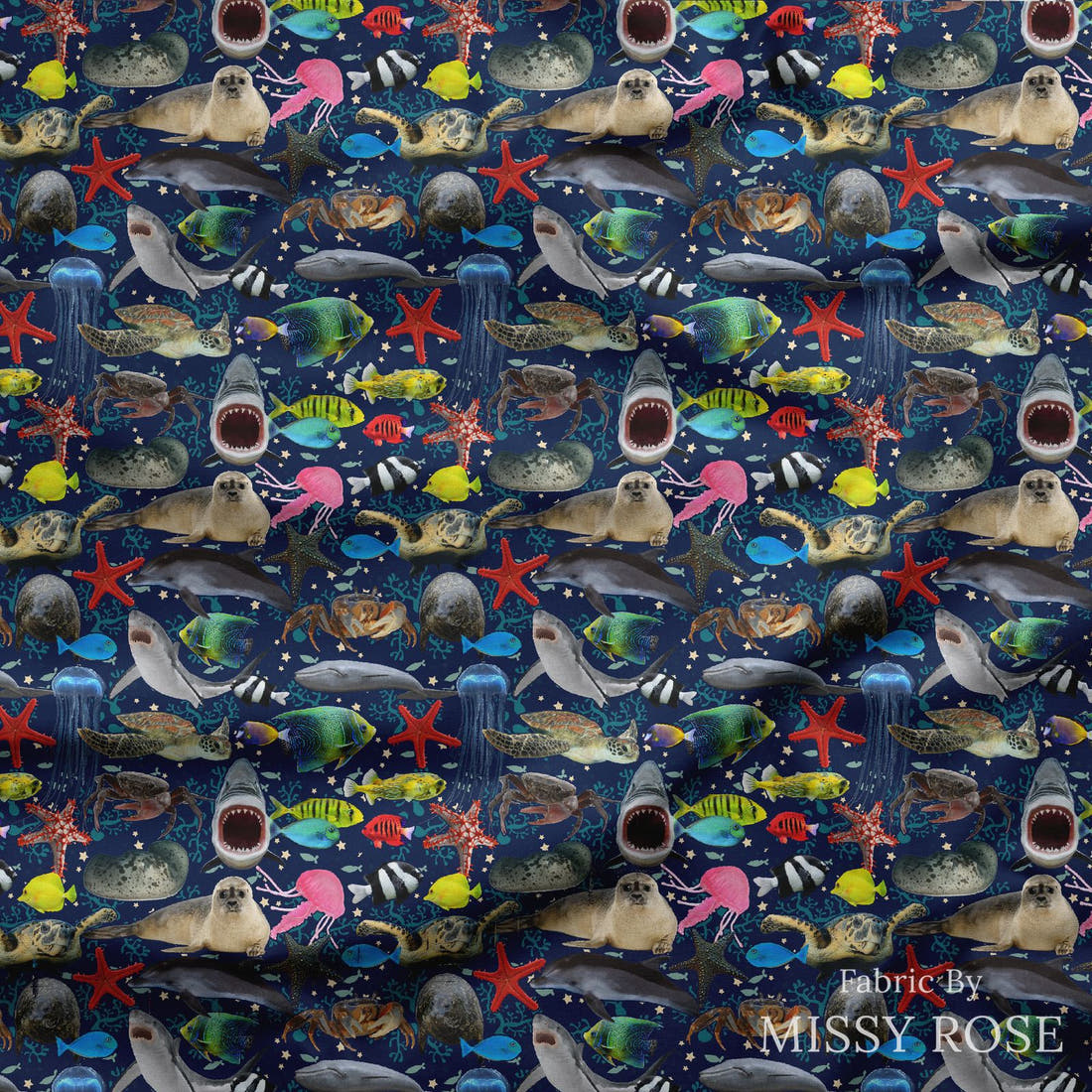 Design 1091 Navy Sea Animals Fabric draped fabric mockup – custom printed fabric by the metre | Fabric by Missy Rose