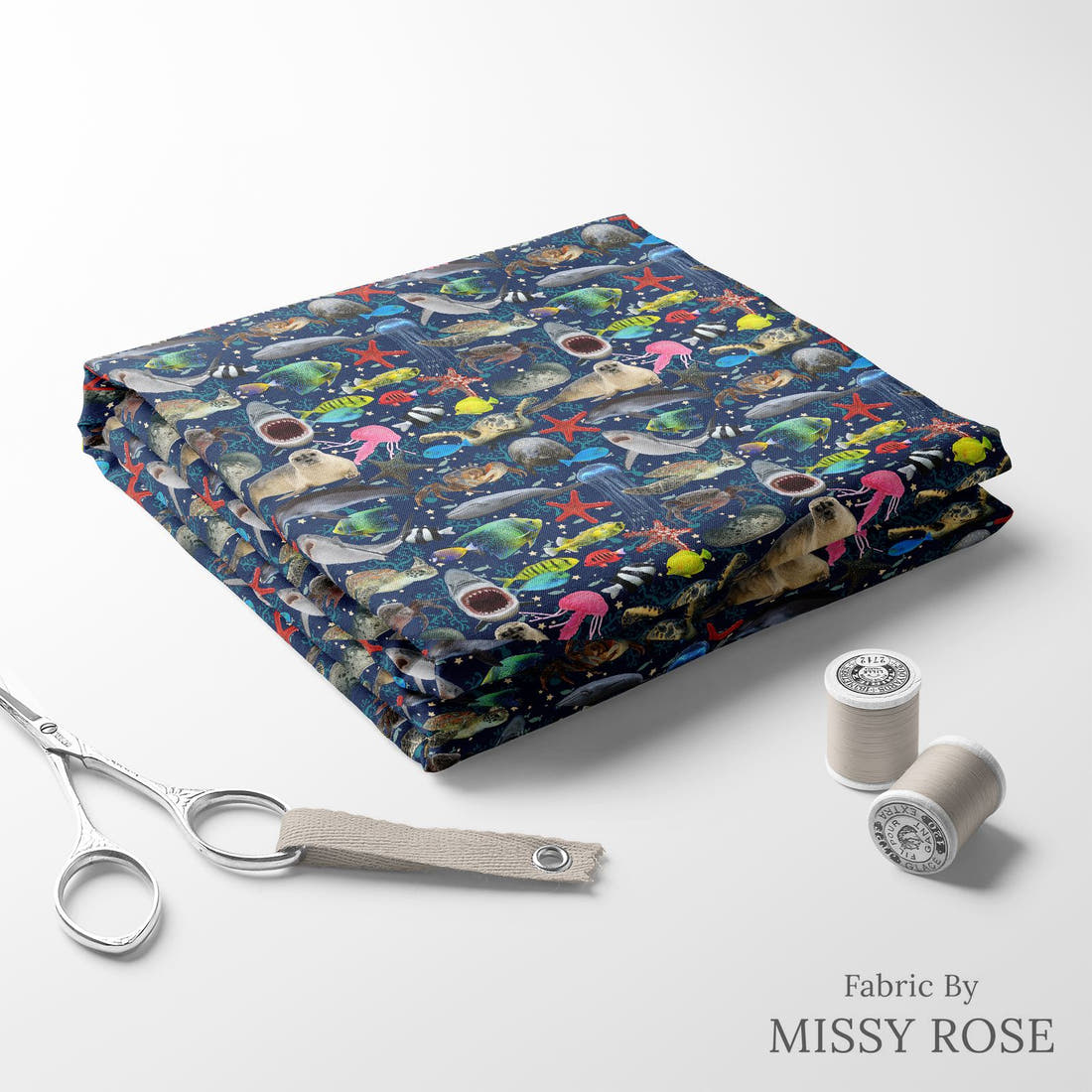 Design 1091 Navy Sea Animals Fabric folded fabric stack with matching thread – pre-order fabric Australia | Fabric by Missy Rose