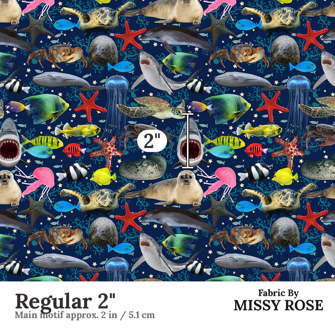 Design 1091 Navy Sea Animals Fabric Regular 2 inch print scale guide | Fabric by Missy Rose