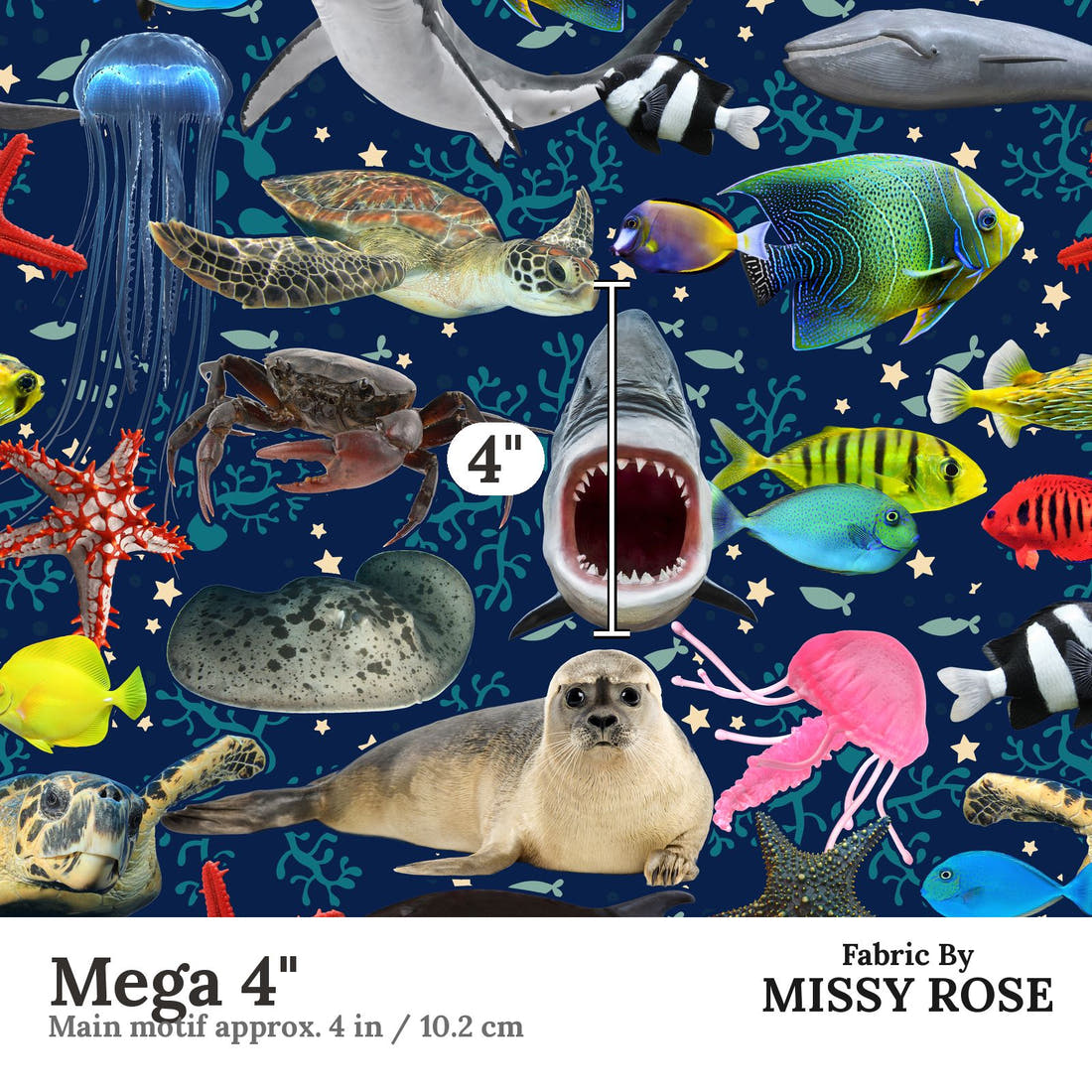 Design 1091 Navy Sea Animals Fabric Mega 4 inch print scale guide | Fabric by Missy Rose