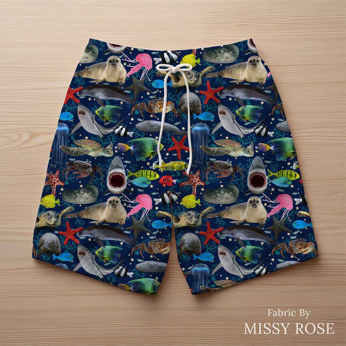 Design 1091 Navy Sea Animals Fabric sewn into swim shorts – see how the print looks made up | Fabric by Missy Rose