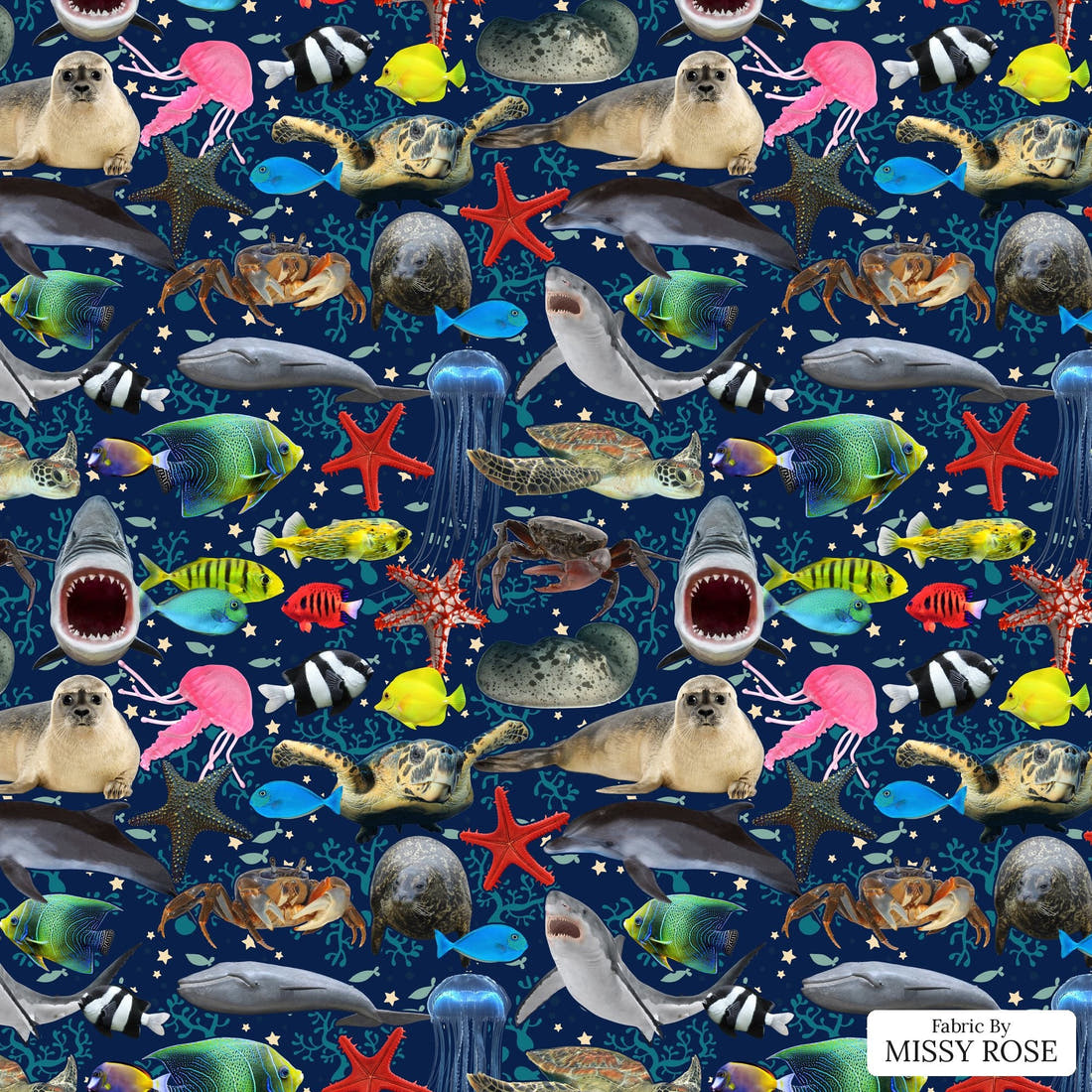 Design 1091 Navy Sea Animals Fabric – flat view of the print, zoom in for detail | Fabric by Missy Rose