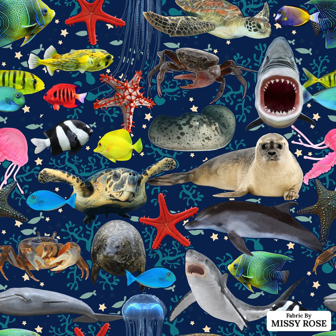 Design 1091 Navy Sea Animals Fabric – flat view of the print, zoom in for detail | Fabric by Missy Rose