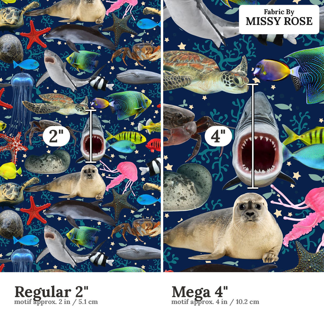 Design 1091 Navy Sea Animals Fabric Regular 2 inch vs Mega 4 inch print scale side by side | Fabric by Missy Rose