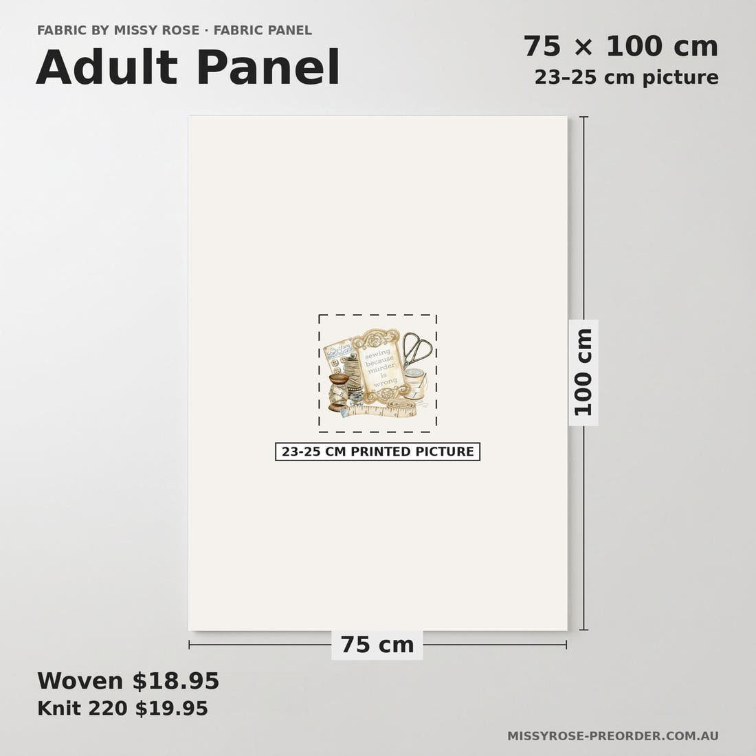 Design 1092 Sewing Panel adult panel sizing – 23–25 cm printed picture on 75 × 100 cm fabric | Fabric by Missy Rose