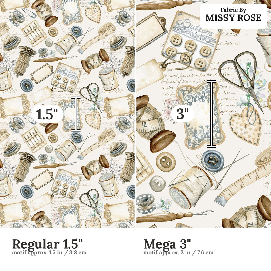 Design 1092 Sewing Fabric Regular 1.5 inch vs Mega 3 inch print scale side by side | Fabric by Missy Rose