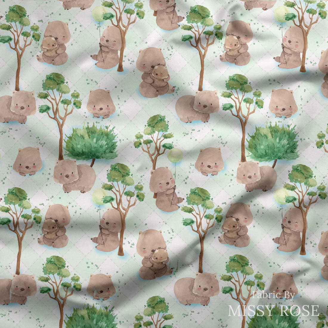 Design 1093 Green Wombat Fabric draped fabric mockup – custom printed fabric by the metre | Fabric by Missy Rose