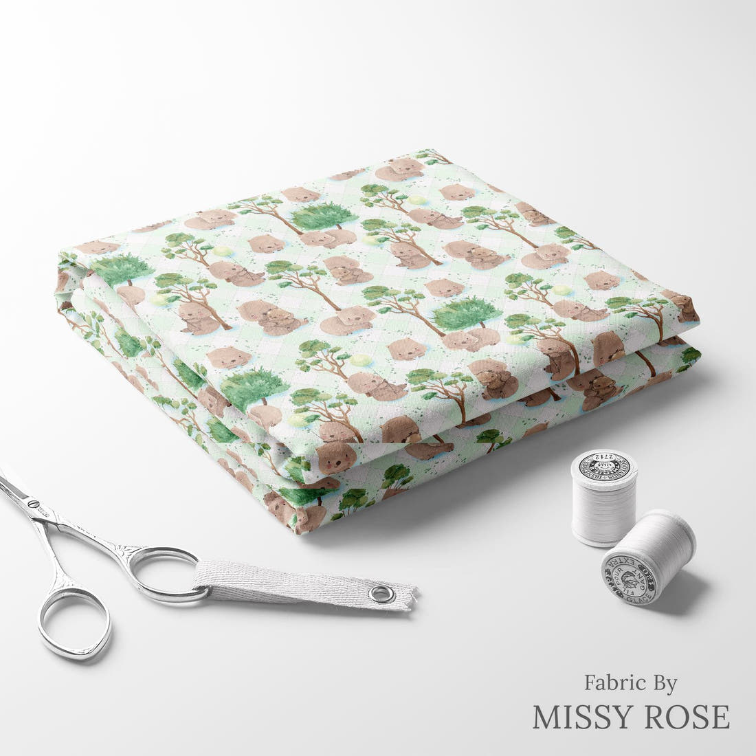 Design 1093 Green Wombat Fabric folded fabric stack with matching thread – pre-order fabric Australia | Fabric by Missy Rose