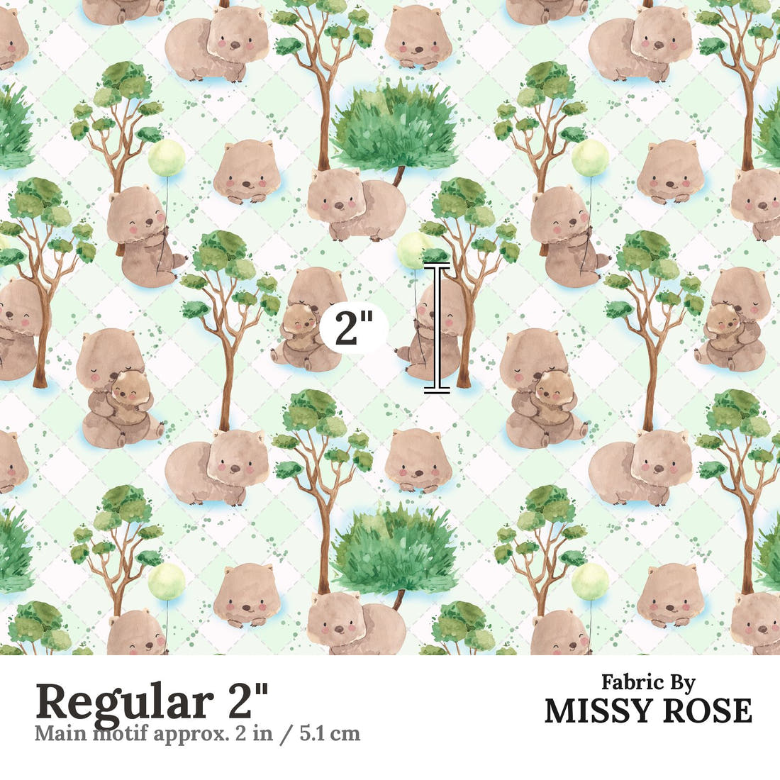 Design 1093 Green Wombat Fabric Regular 2 inch print scale guide | Fabric by Missy Rose