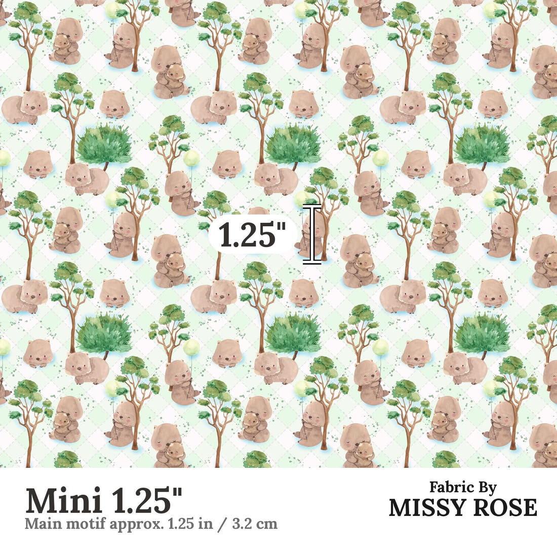 Design 1093 Green Wombat Fabric Mini 1.25 inch print scale guide | Fabric by Missy Rose