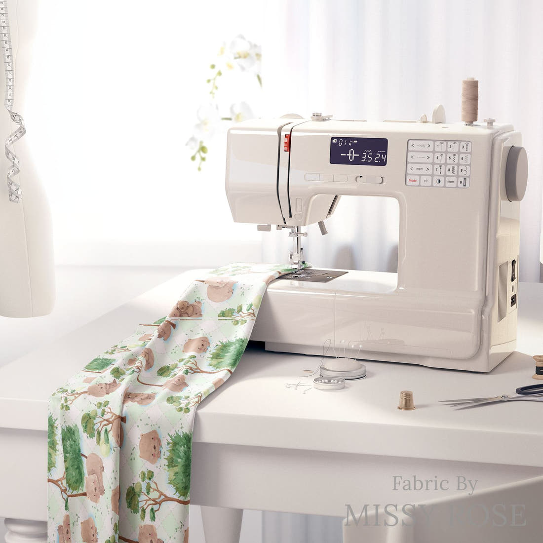Design 1093 Green Wombat Fabric on a sewing machine – premium fabric for sewing projects | Fabric by Missy Rose