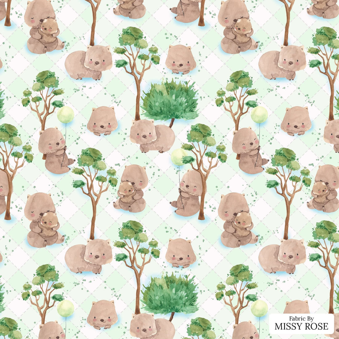 Design 1093 Green Wombat Fabric – flat view of the print, zoom in for detail | Fabric by Missy Rose