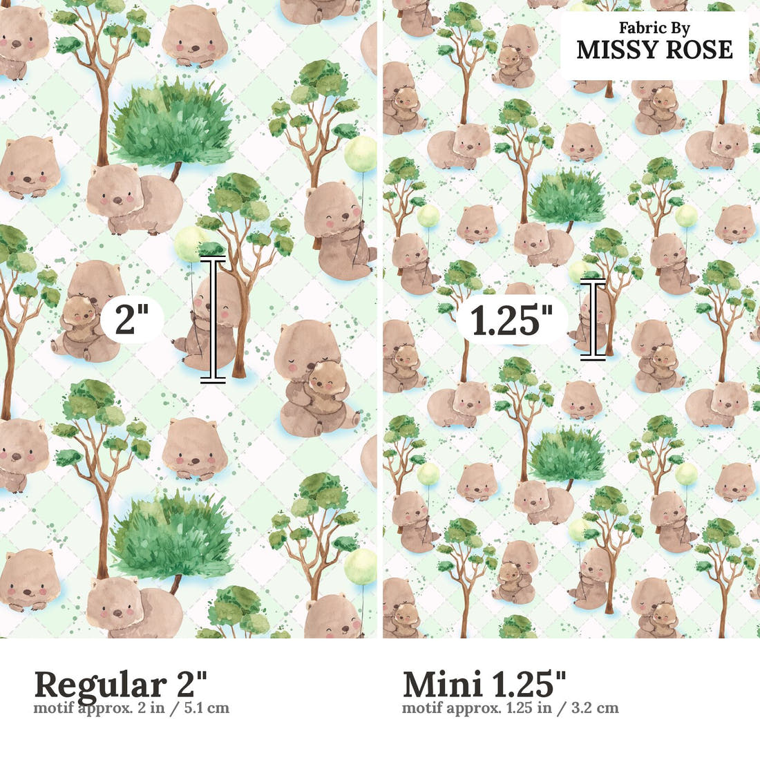 Design 1093 Green Wombat Fabric Regular 2 inch vs Mini 1.25 inch print scale side by side | Fabric by Missy Rose
