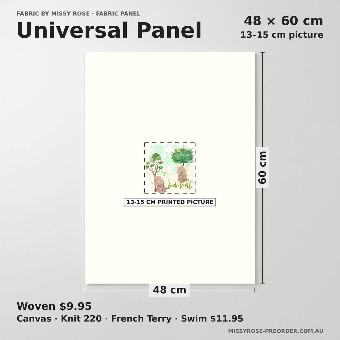 Design 1093 Green Wombat Panel universal panel sizing – 13–15 cm printed picture on 48 × 60 cm fabric | Fabric by Missy Rose