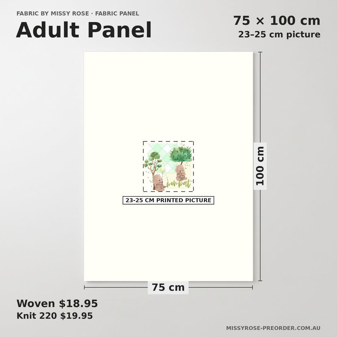 Design 1093 Green Wombat Panel adult panel sizing – 23–25 cm printed picture on 75 × 100 cm fabric | Fabric by Missy Rose