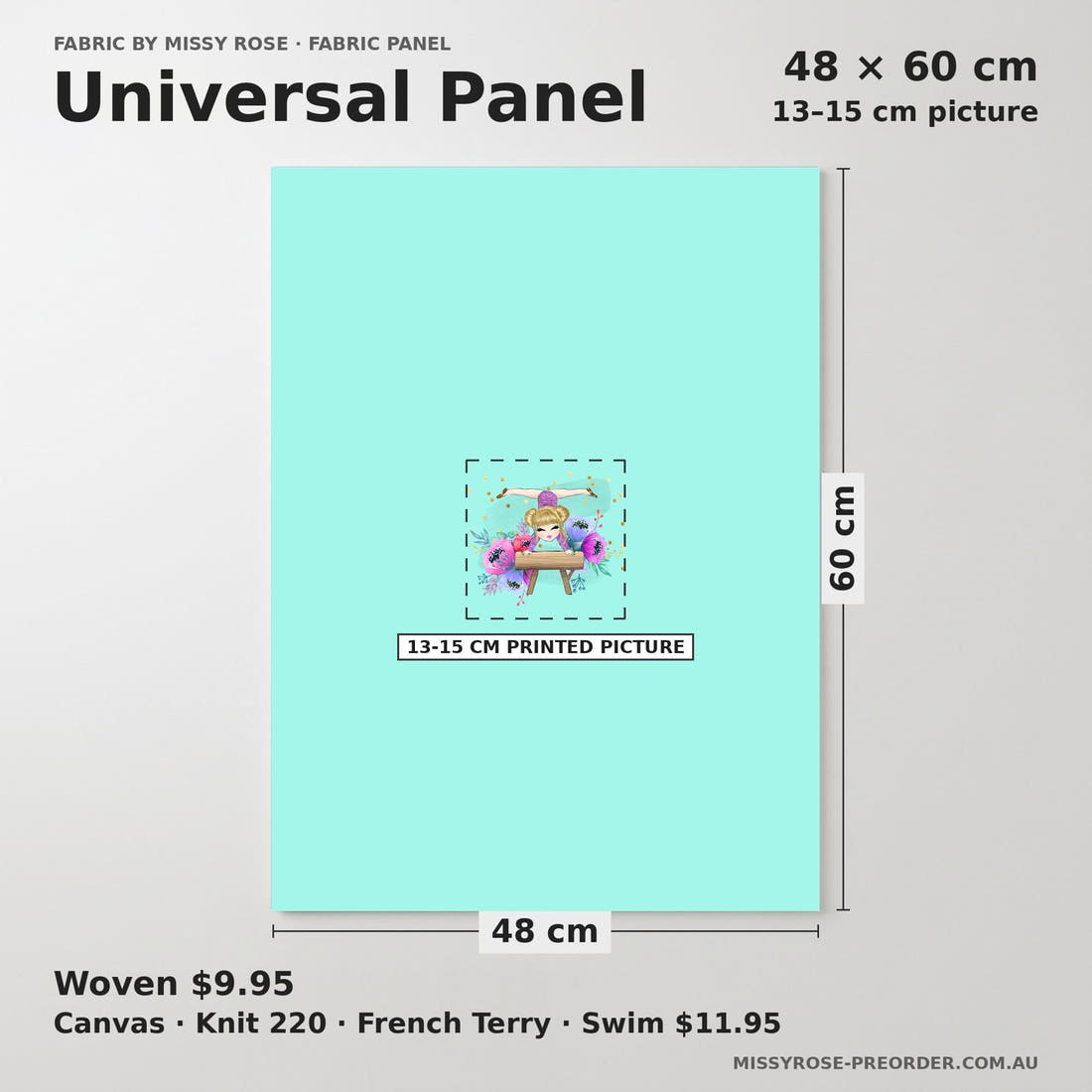 Design 1094 Teal Gymnastics Panel universal panel sizing – 13–15 cm printed picture on 48 × 60 cm fabric | Fabric by Missy Rose