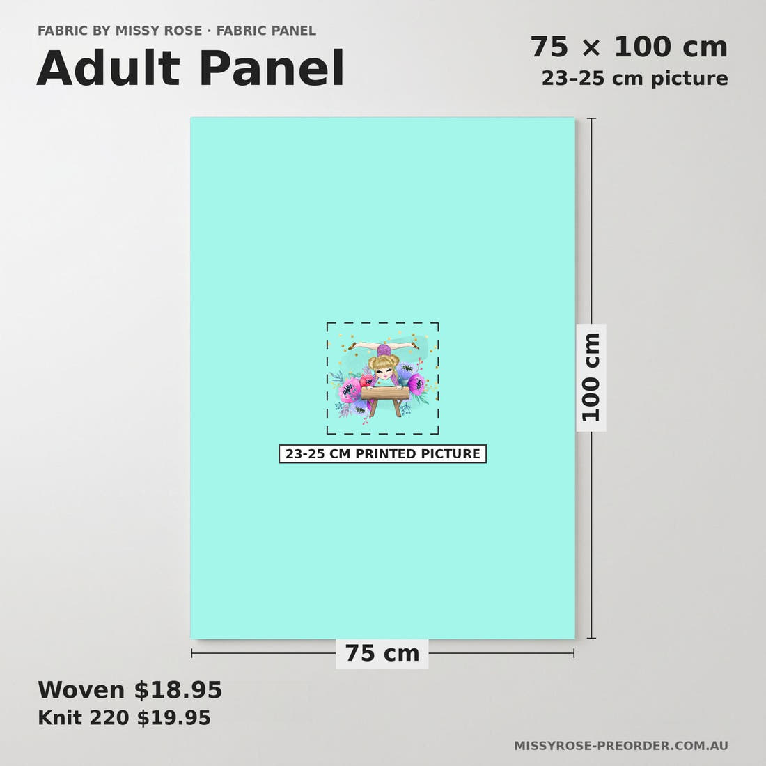 Design 1094 Teal Gymnastics Panel adult panel sizing – 23–25 cm printed picture on 75 × 100 cm fabric | Fabric by Missy Rose