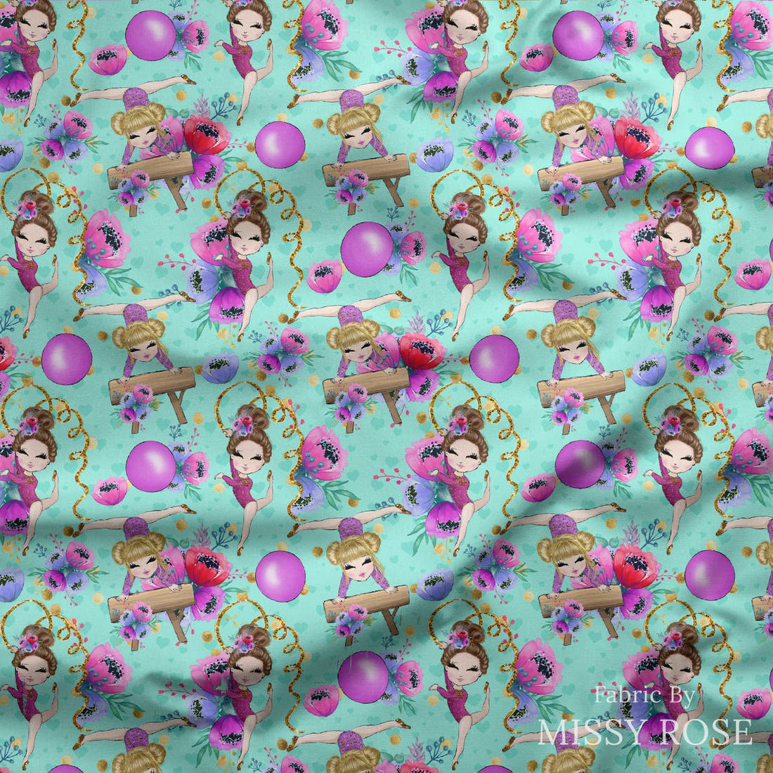 Design 1094 Teal Gymnastics Fabric draped fabric mockup – custom printed fabric by the metre | Fabric by Missy Rose