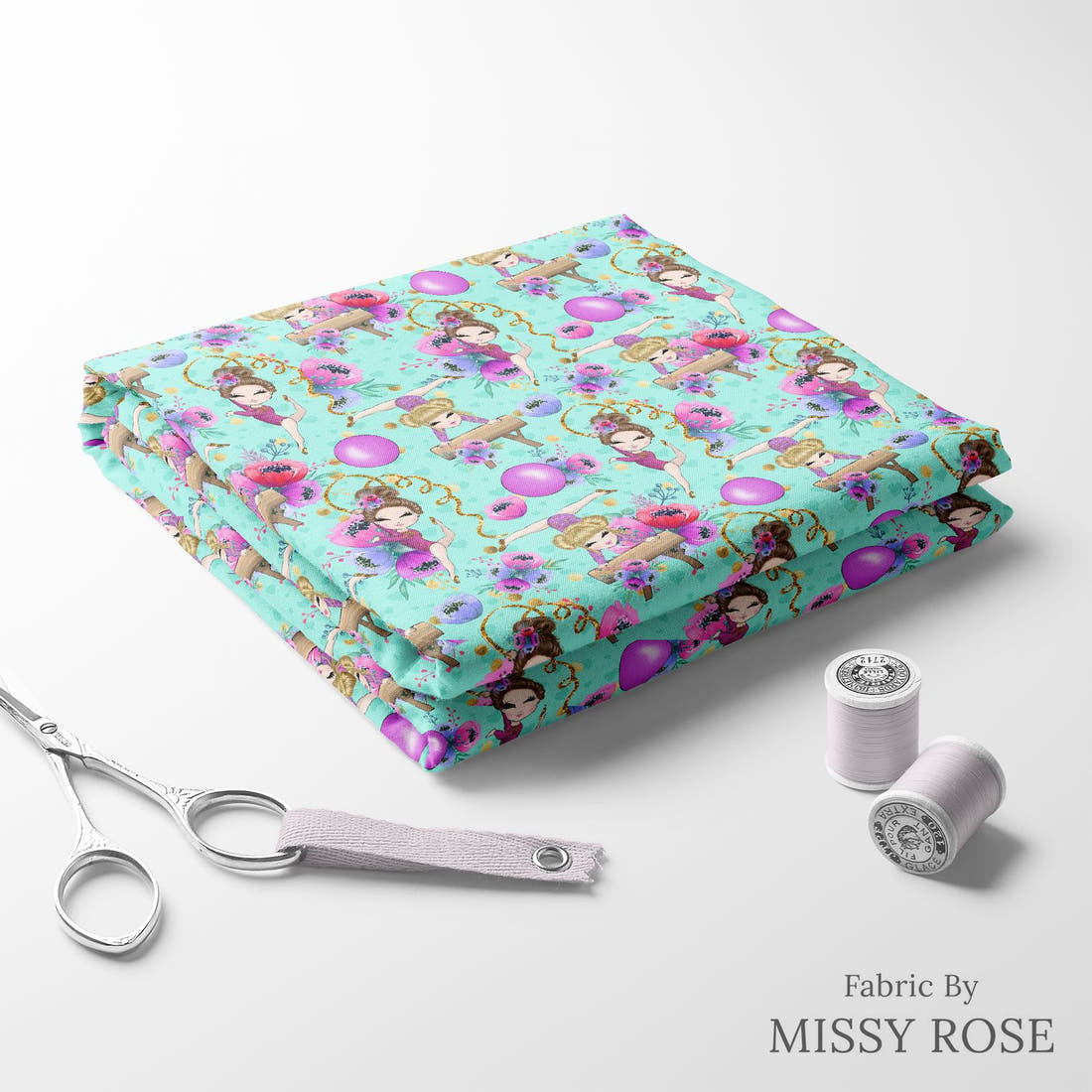 Design 1094 Teal Gymnastics Fabric folded fabric stack with matching thread – pre-order fabric Australia | Fabric by Missy Rose