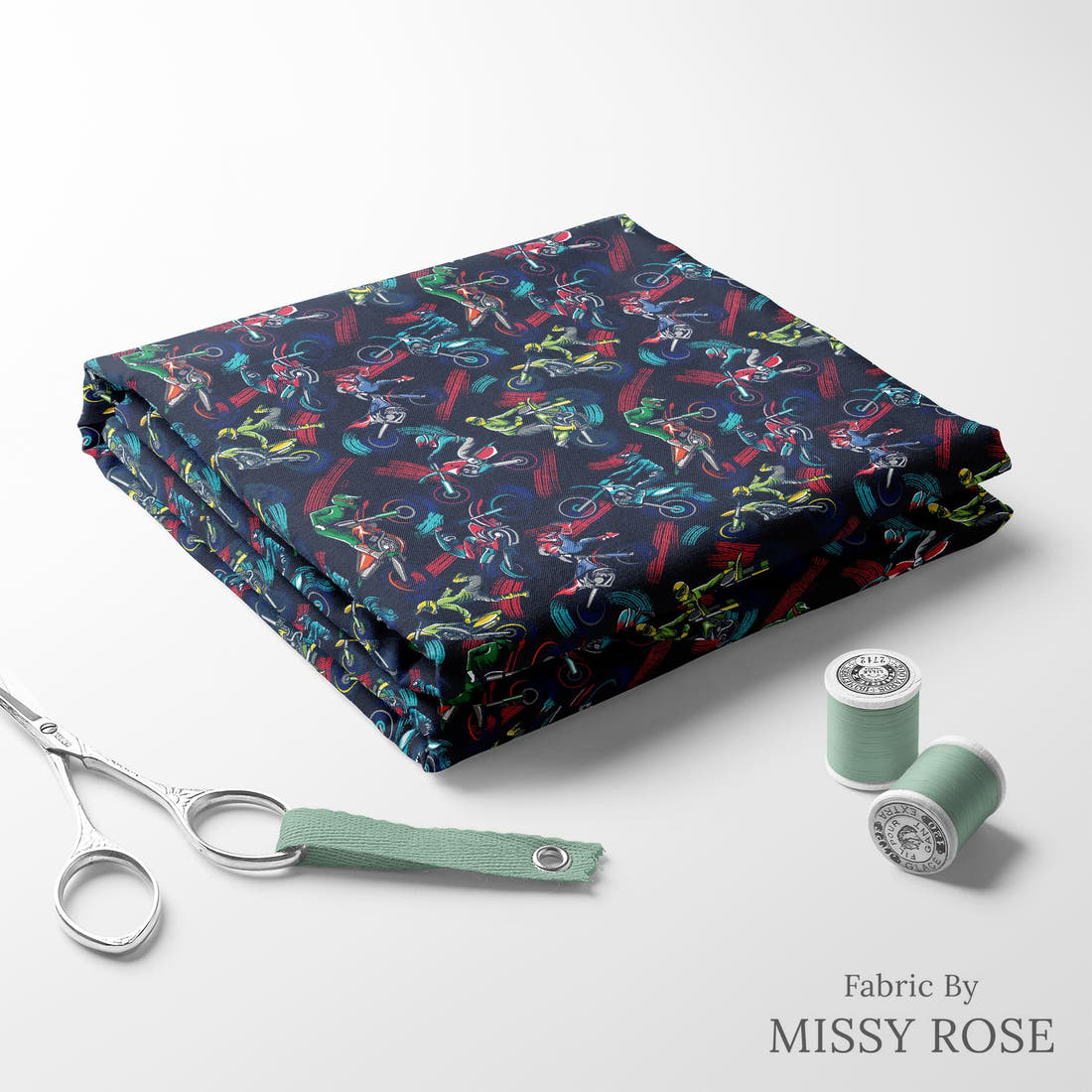 Design 1095 Navy Racer Fabric folded fabric stack with matching thread – pre-order fabric Australia | Fabric by Missy Rose
