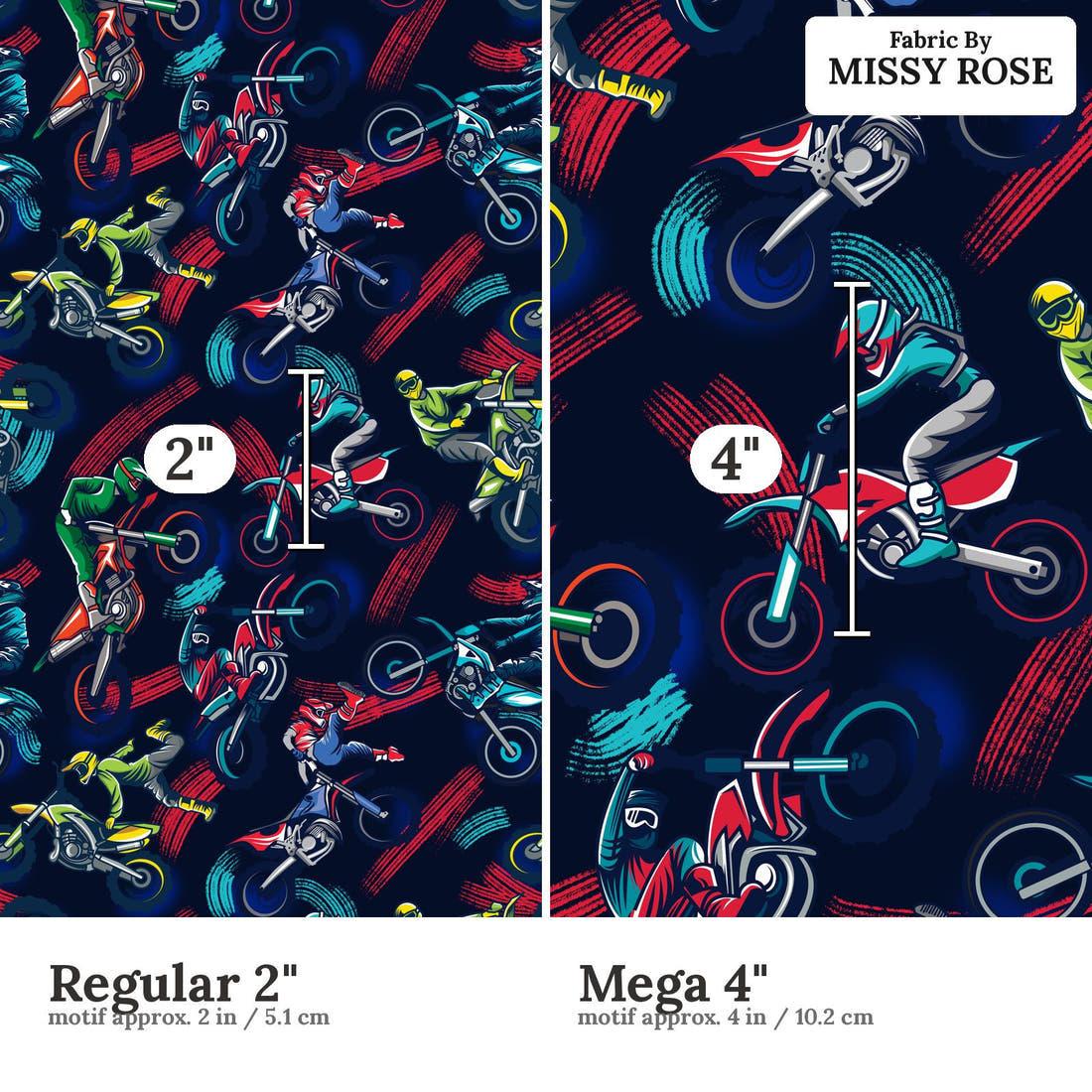 Design 1095 Navy Racer Fabric Regular 2 inch vs Mega 4 inch print scale side by side | Fabric by Missy Rose