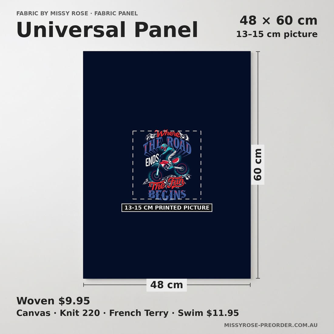 Design 1095 Navy Racer Panel universal panel sizing – 13–15 cm printed picture on 48 × 60 cm fabric | Fabric by Missy Rose