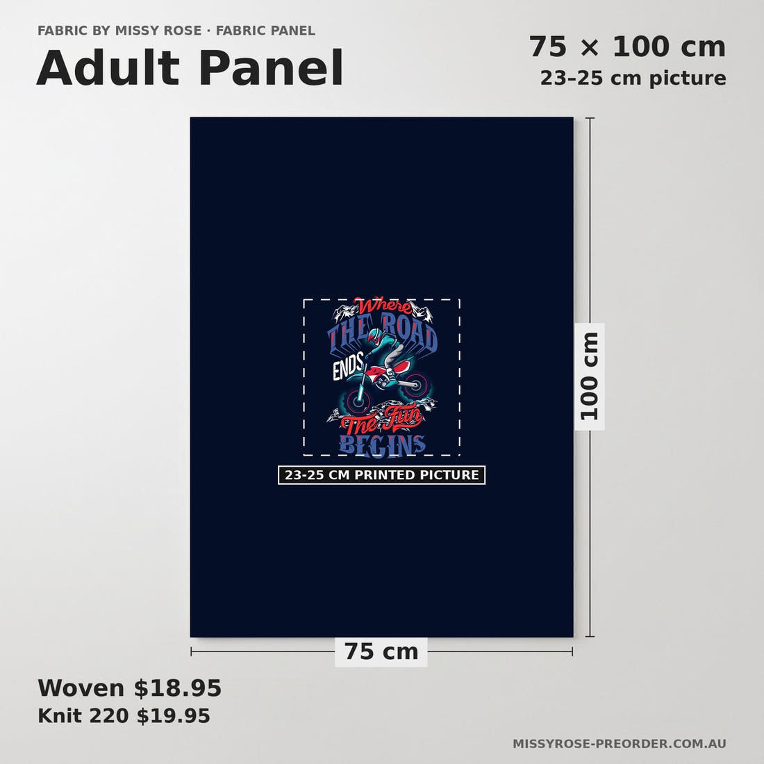 Design 1095 Navy Racer Panel adult panel sizing – 23–25 cm printed picture on 75 × 100 cm fabric | Fabric by Missy Rose