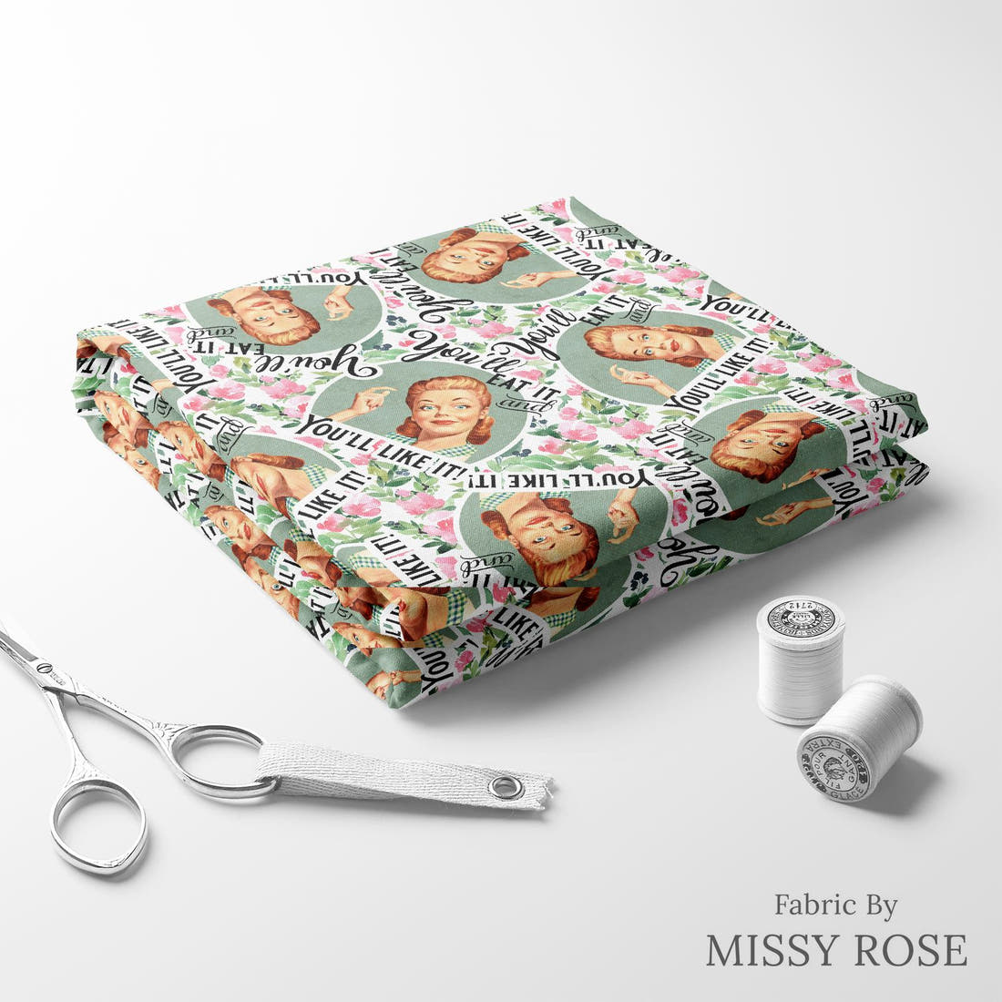 Design 1096 Cooking Fabric folded fabric stack with matching thread – pre-order fabric Australia | Fabric by Missy Rose