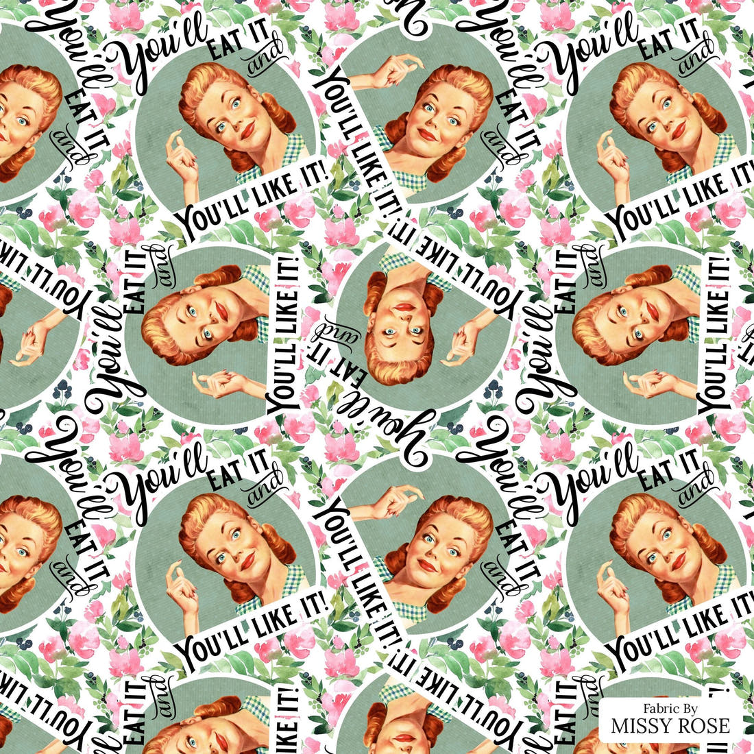 Design 1096 Cooking Fabric – flat view of the print, zoom in for detail | Fabric by Missy Rose