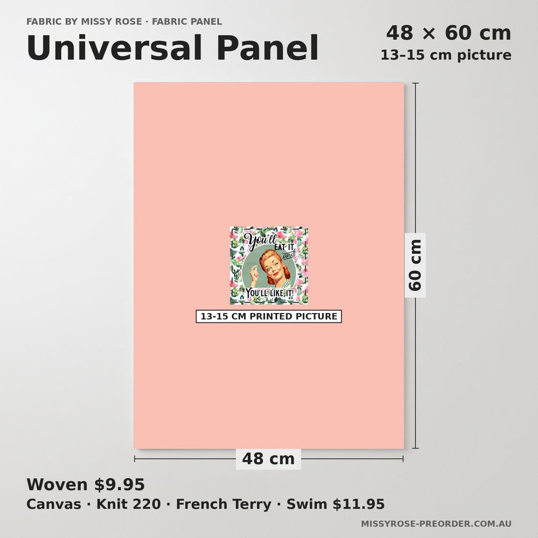 Design 1096 Cooking Panel universal panel sizing – 13–15 cm printed picture on 48 × 60 cm fabric | Fabric by Missy Rose